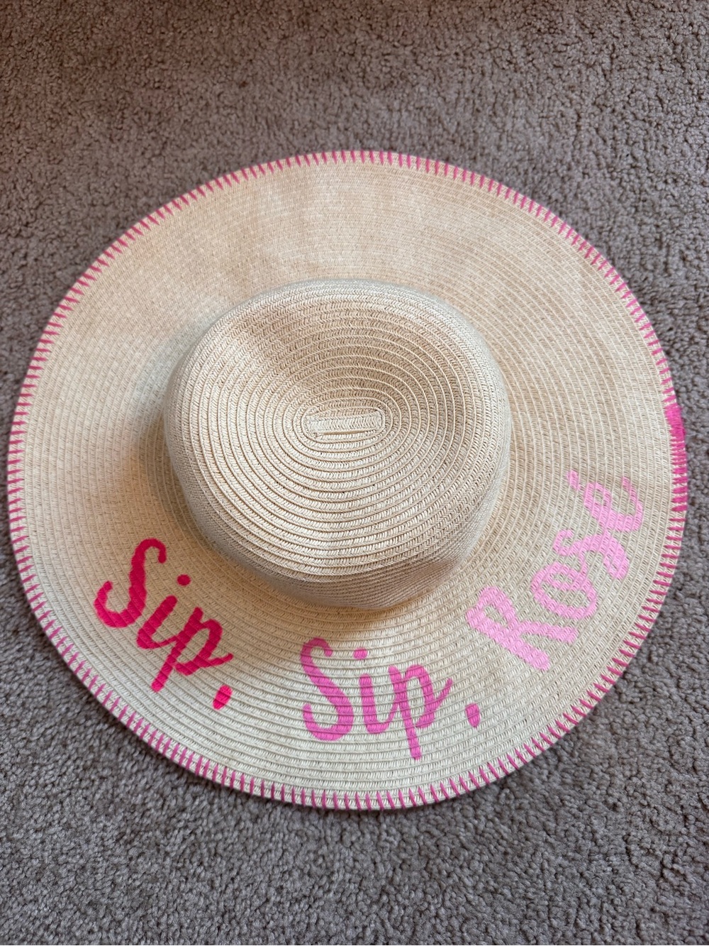 Wide Brim Straw Sun Hat with Pink 'Sip, Sip, Rosé' Lettering